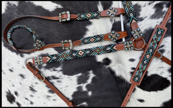 Showman Beaded Southwest Design 4 Piece Set - teal and black #2